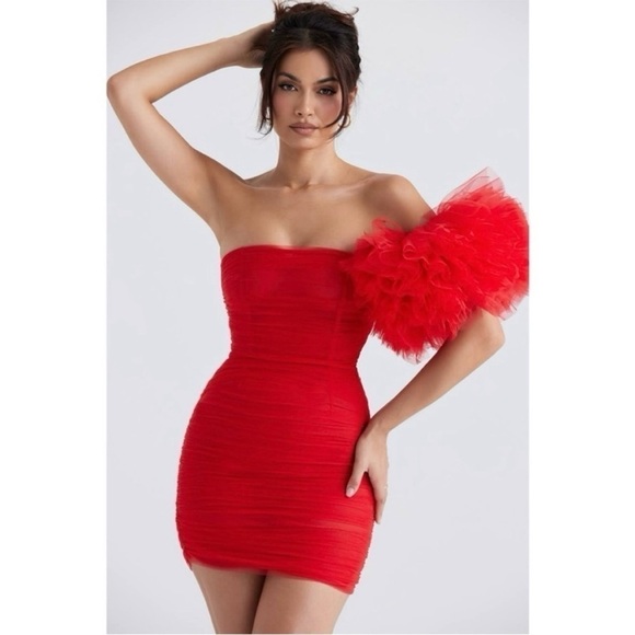 NEW! House of CB- Noelle Scarlet Mini Dress Red Ruffle Ball One Sleeve Size S - Picture 3 of 10
